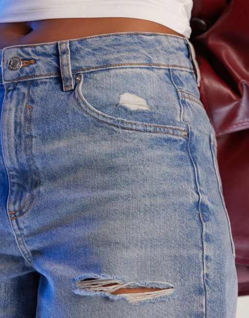 ASOS DESIGN baggy longline denim jorts with rips in bleach wash, 5 of 5