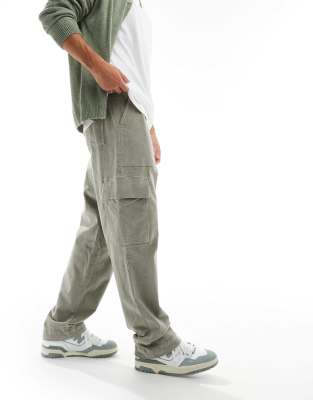 Asos Design Baggy Micro Corduroy Cargo Pants In Sage Green