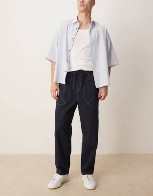 Asos Design Baggy Nylon Pants With Contrast Stitch In Navy