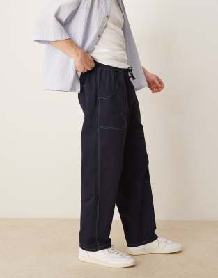 Asos Design Baggy Nylon Pants With Contrast Stitch In Navy
