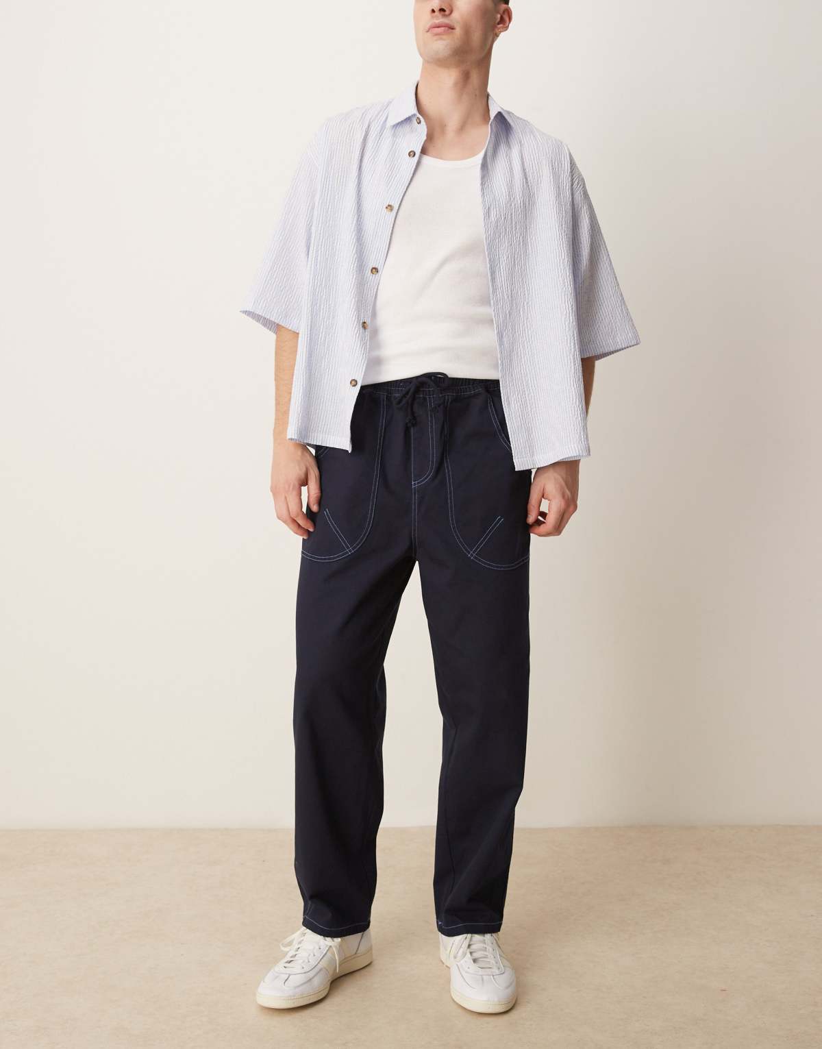 ASOS DESIGN baggy nylon trouser with contrast stitch in navy
