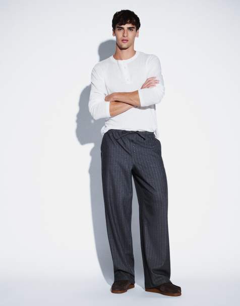 ASOS DESIGN baggy pant in grey pinstripe with button detail and drawstring - view 1