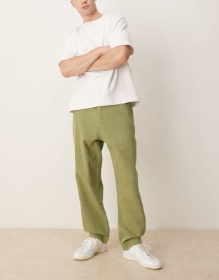Asos Design Baggy Pants With Back Pocket Detail In Green