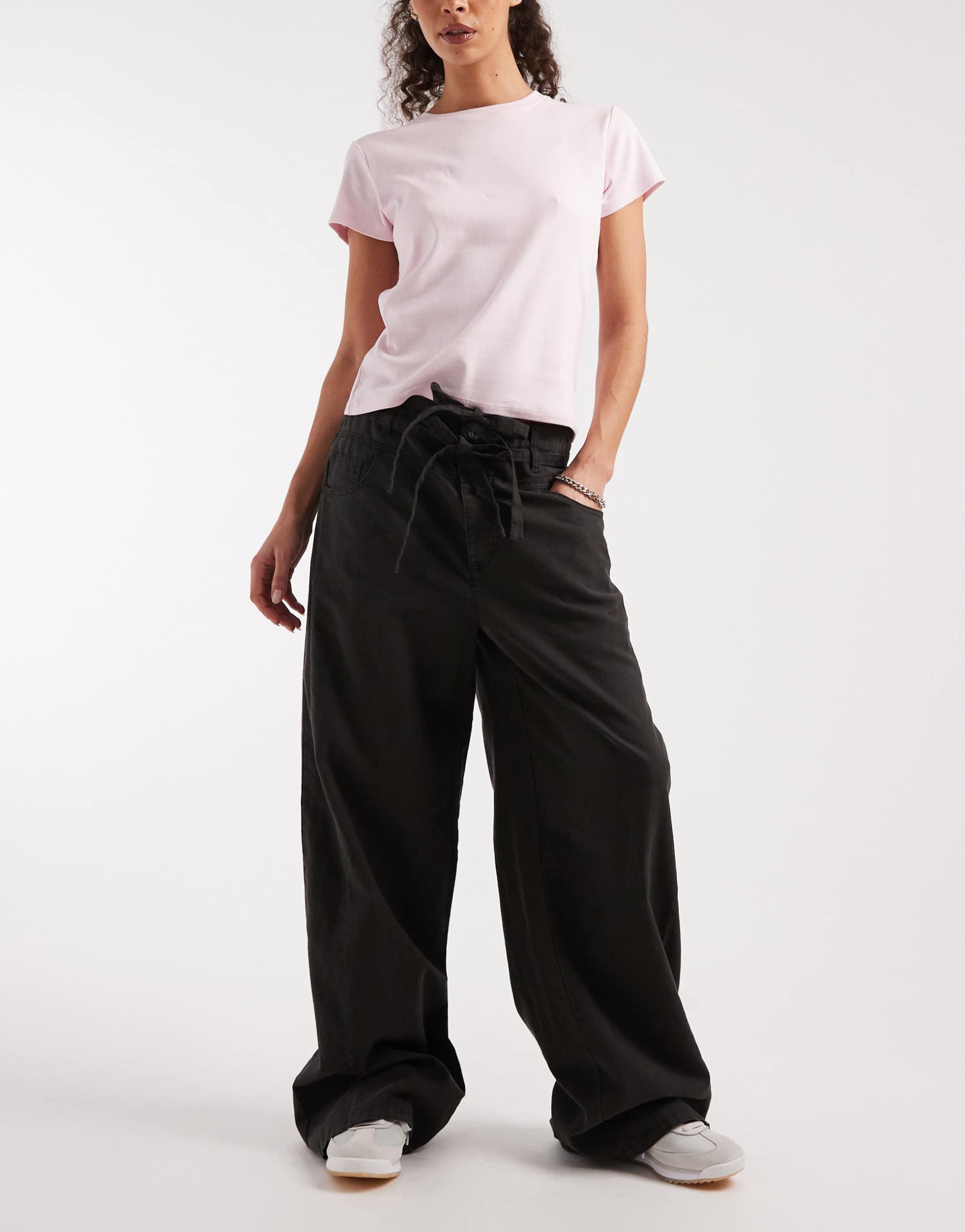 asos design baggy pants with tie detail in linen in washed slate