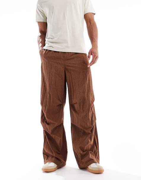 ASOS DESIGN - Baggy pull-on broek van nylon in bruine ruit, deel van co-ord set - view 1