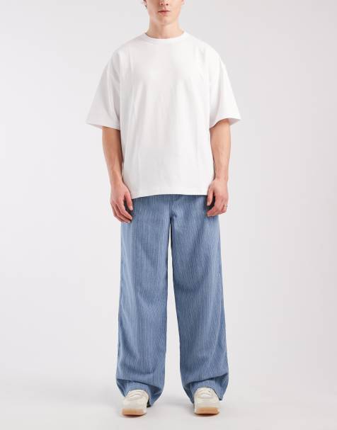 ASOS DESIGN baggy pull on pants in blue and white pinstripes - view 1