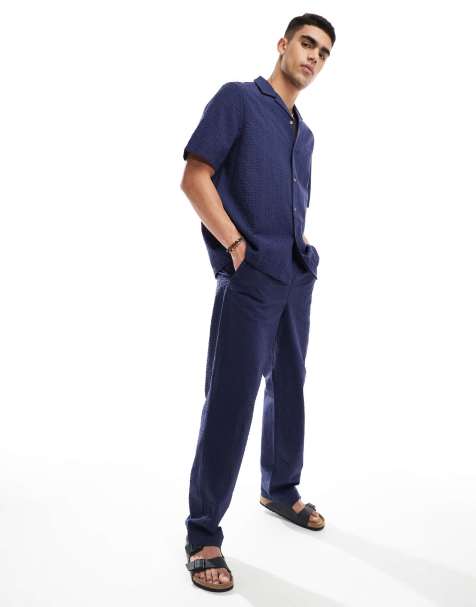 ASOS DESIGN baggy seersucker beach pants with elasticated waist in navy (part of a set) - view 1