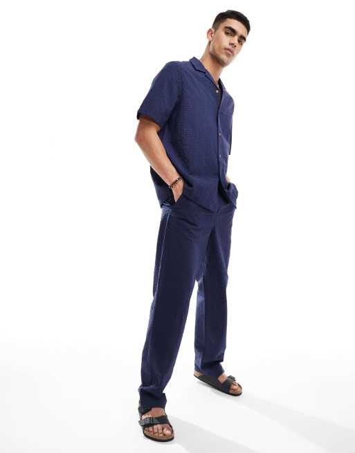 ASOS DESIGN baggy seersucker beach pants with elasticated waist in navy (part of a set) 