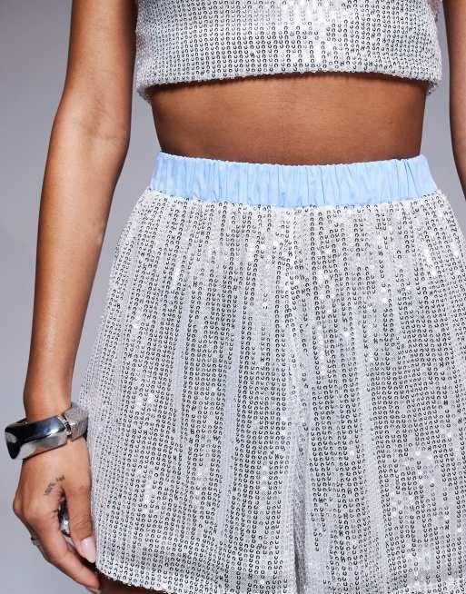 ASOS DESIGN - Baggy short van mesh met lovertjes in zilver, deel van co-ord set, 3 van 5