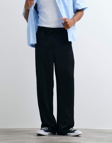 ASOS DESIGN baggy trouser in black satin with drawcord