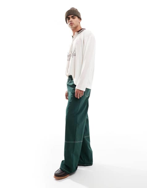ASOS DESIGN baggy trouser in green nylon with contrast stitch - view 1