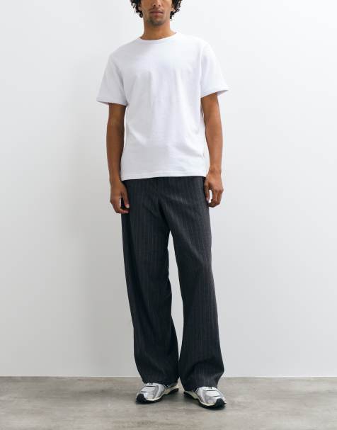 ASOS DESIGN baggy trouser in grey pinstripe with button detail and drawstring - view 1