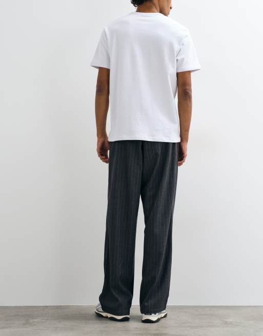 ASOS DESIGN baggy trouser in grey pinstripe with button detail and drawstring, 2 of 5