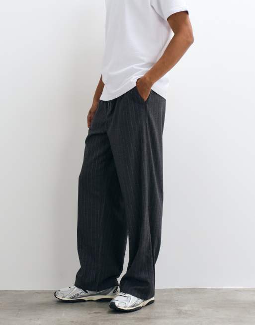 ASOS DESIGN baggy trouser in grey pinstripe with button detail and drawstring, 3 of 5
