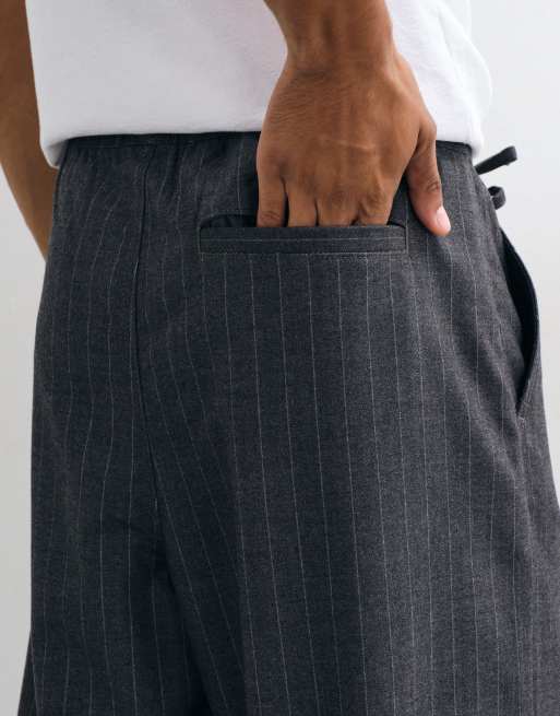 ASOS DESIGN baggy trouser in grey pinstripe with button detail and drawstring, 4 of 5