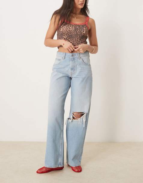 ASOS DESIGN baggy wide leg jean in pale wash with knee rip - view 1