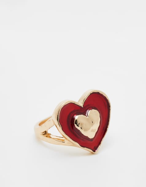 ASOS DESIGN - Bague avec cœur en résine - Doré/rouge - view 1