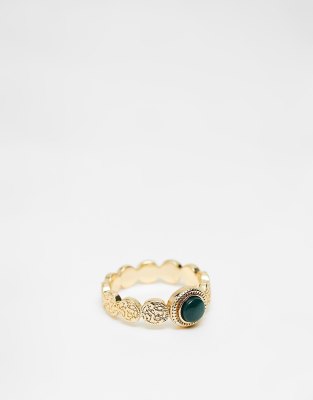ASOS DESIGN - Bague avec disque martelé et pierre style émeraude - Doré