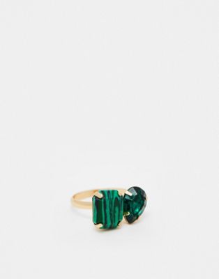 ASOS DESIGN ring with malachite and emerald green crystal design in gold tone - ASOS Price Checker