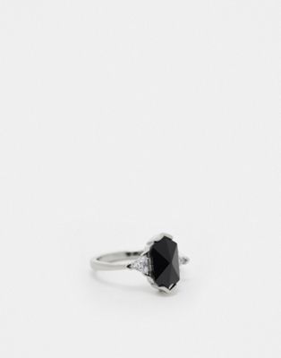 ASOS DESIGN ring with black cubic zirconia crystal design in silver tone - ASOS Price Checker