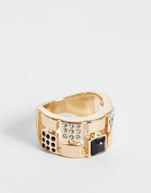 ASOS DESIGN Bague chunky avec pierre noire sertie sur monture dorée style vintage, 1 de 3
