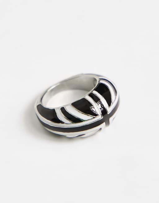 Bague Dôme Noir Argentée Avec Zirconia - Taille 59, Occasion Très Bon état