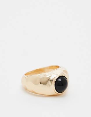 ASOS DESIGN - Bague effet fondu avec pierre noire - Doré