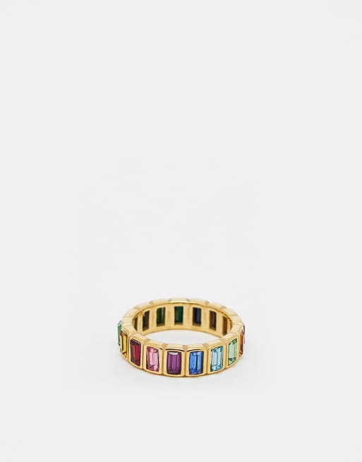 ASOS DESIGN - Bague en acier inoxydable avec cristaux baguette multicolores - Doré