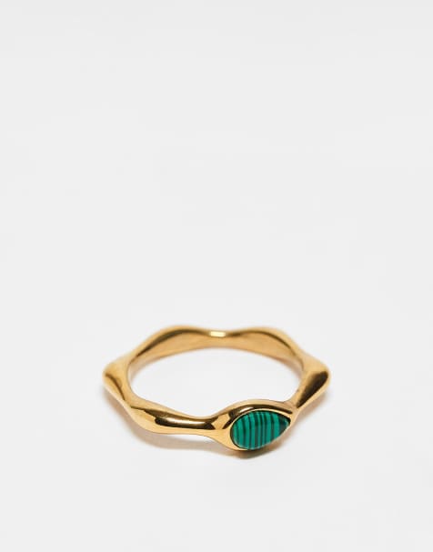 ASOS DESIGN - Bague en acier inoxydable avec pierre malachite semi-précieuse - Doré - view 1