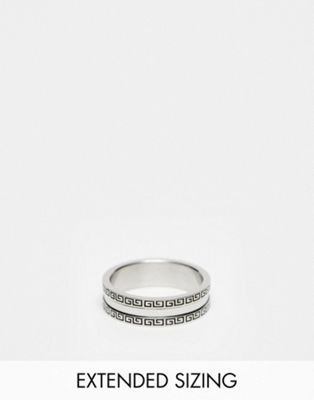 ASOS DESIGN waterproof stainless steel band ring with engraved greek wave border in silver tone - ASOS Price Checker