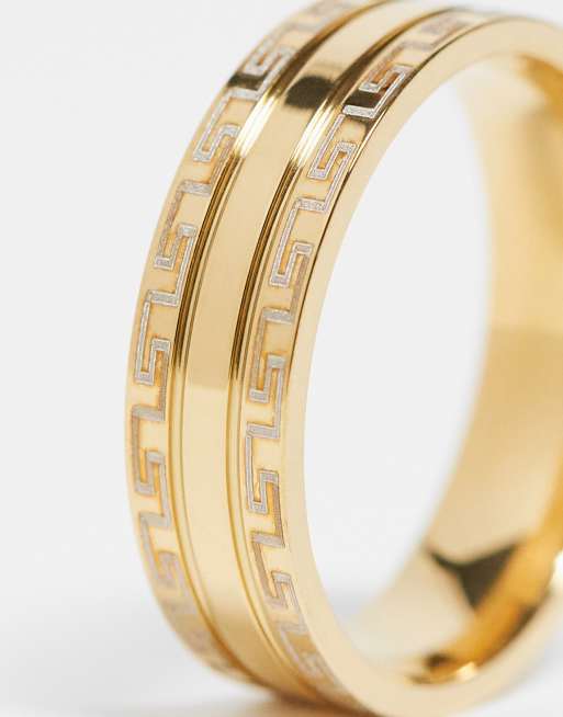 ASOS DESIGN - Bague en acier inoxydable imperméable avec bordures ornées de motifs grecs - Doré, 4 de 4