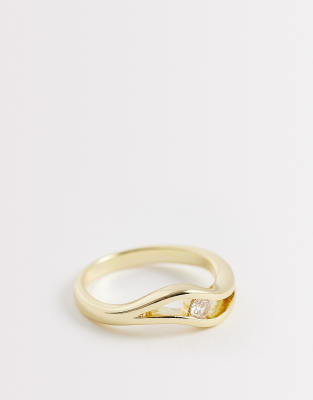 ASOS DESIGN - Bague fine avec motif vague et zircon cubique - Doré
