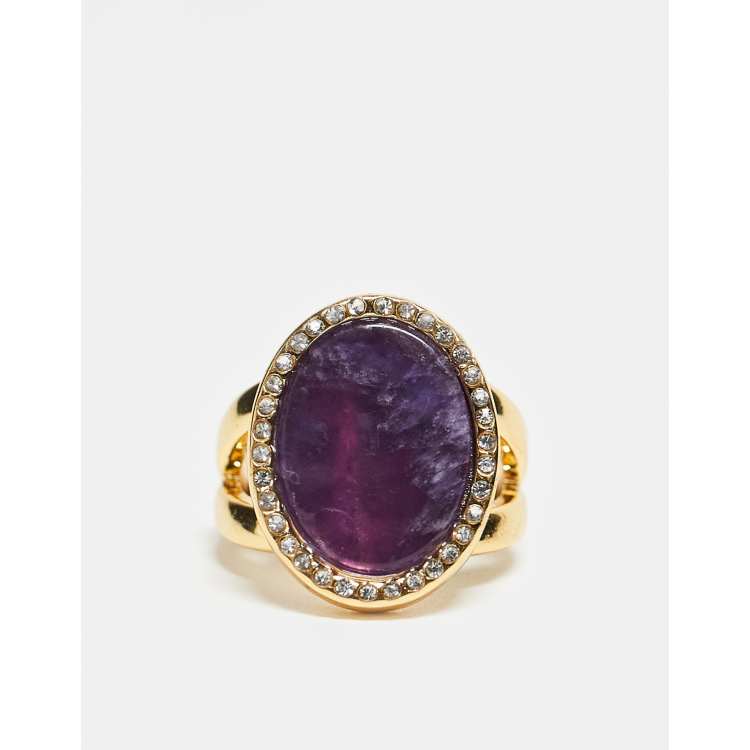 Bague Dorée Avec Améthyste Et Strass - Occasion (état Visible Sur Photos)