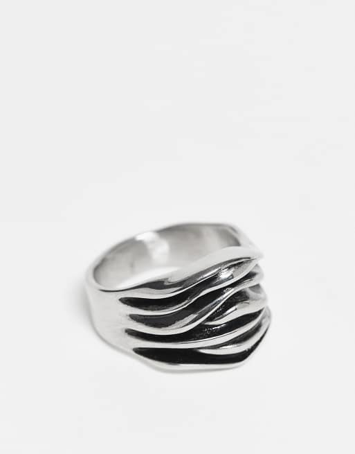 ASOS DESIGN - Bague striée en acier inoxydable étanche - Argenté effet brossé
