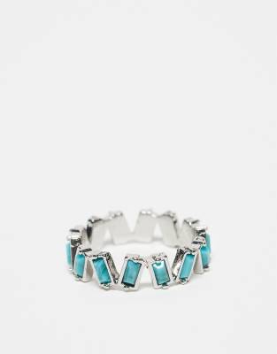 baguette ring with blue faux crystals in silver tone