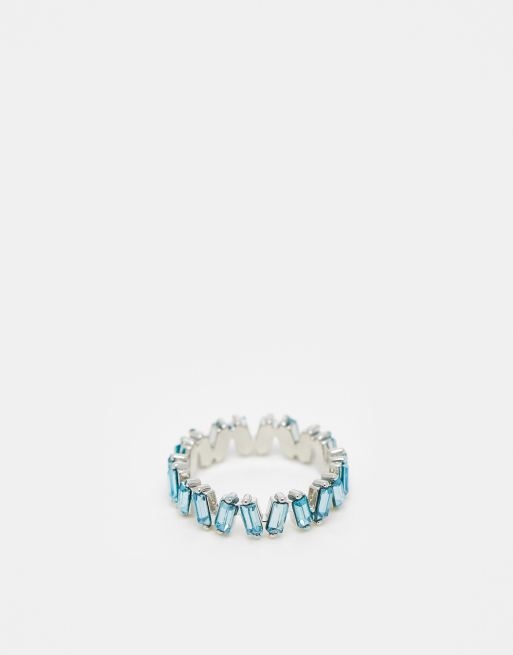 ASOS DESIGN baguette ring with blue stones in silver tone