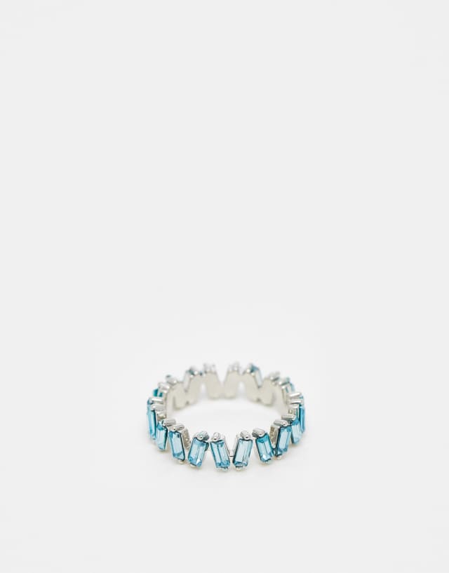 ASOS DESIGN baguette ring with blue stones in silver tone