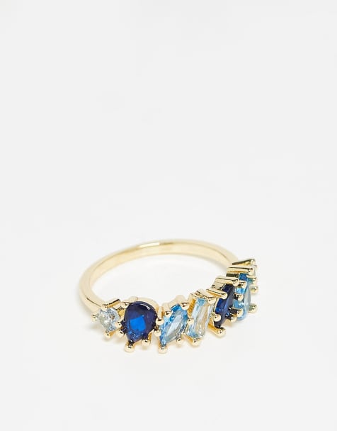 ASOS DESIGN baguette ring with blue tone cubic zirconia stones in gold tone with gift bag - view 1