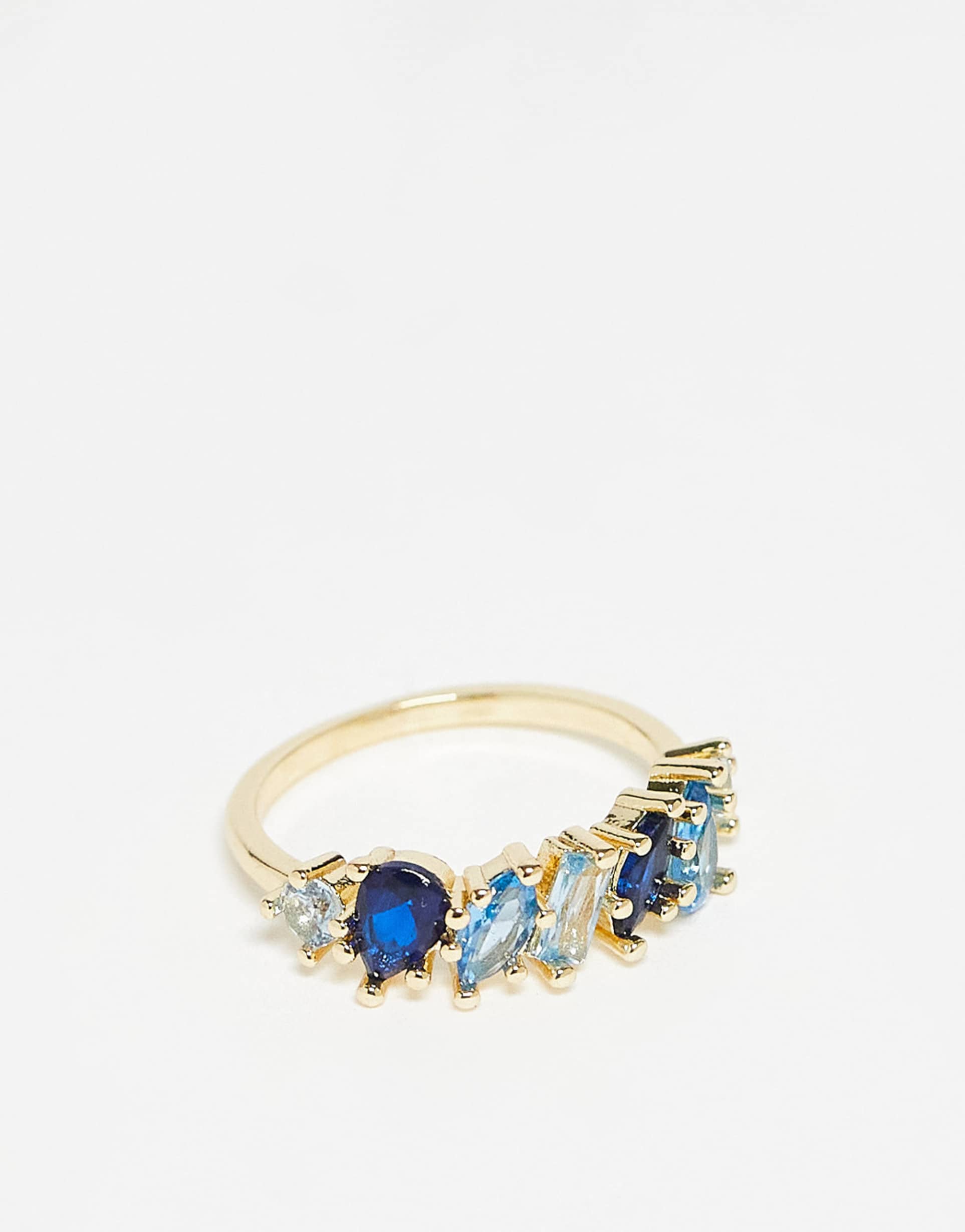 asos design baguette ring with blue-tone cubic zirconia stones in gold tone with gift bag