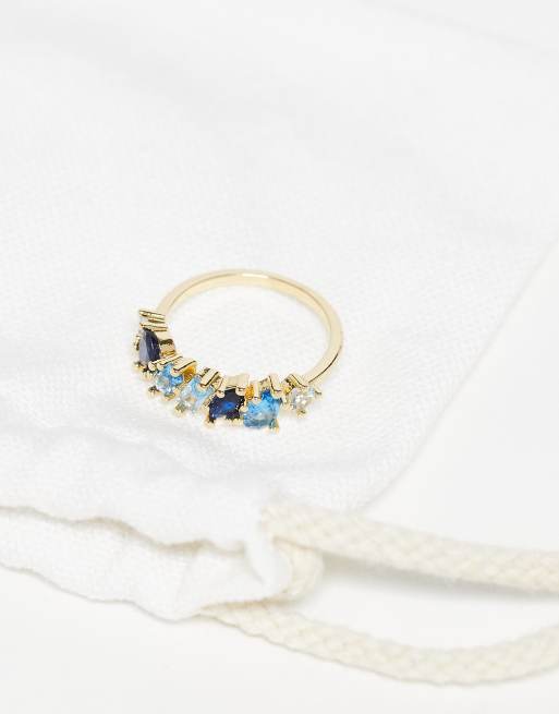 ASOS DESIGN baguette ring with blue tone cubic zirconia stones in gold tone with gift bag, 2 of 3