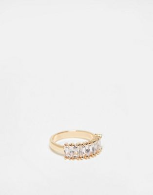 ASOS DESIGN baguette ring with cubic zirconia clear crystals in gold tone