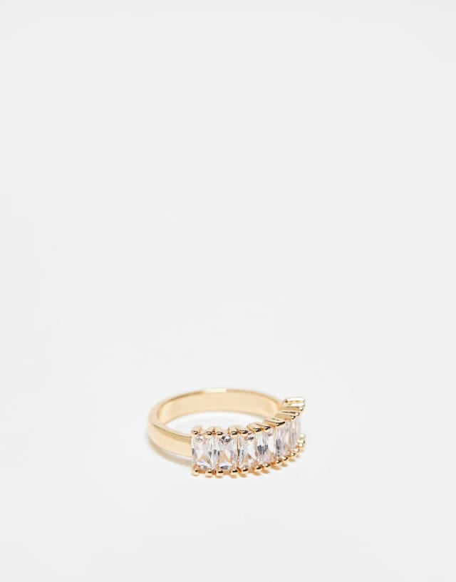 ASOS DESIGN baguette ring with cubic zirconia clear crystals in gold tone