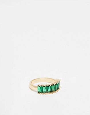 ASOS DESIGN baguette ring with cubic zirconia green crystals in gold tone