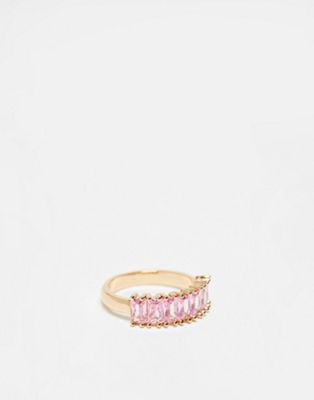 ASOS DESIGN baguette ring with cubic zirconia pink crystals in gold tone