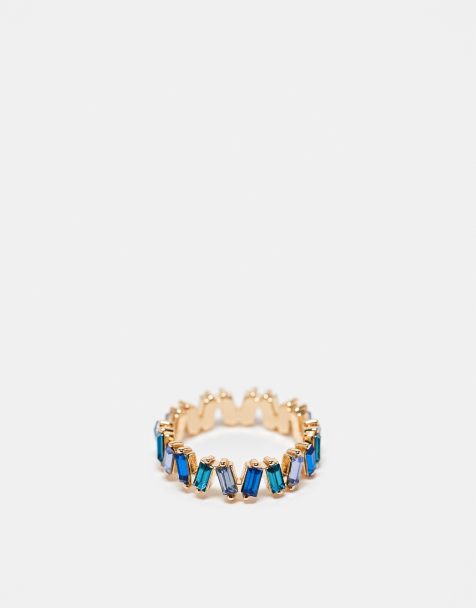 ASOS DESIGN baguette ring with tonal blue stones in gold tone - view 1