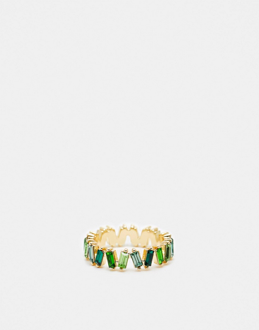 ASOS DESIGN baguette ring with tonal green stones in gold tone