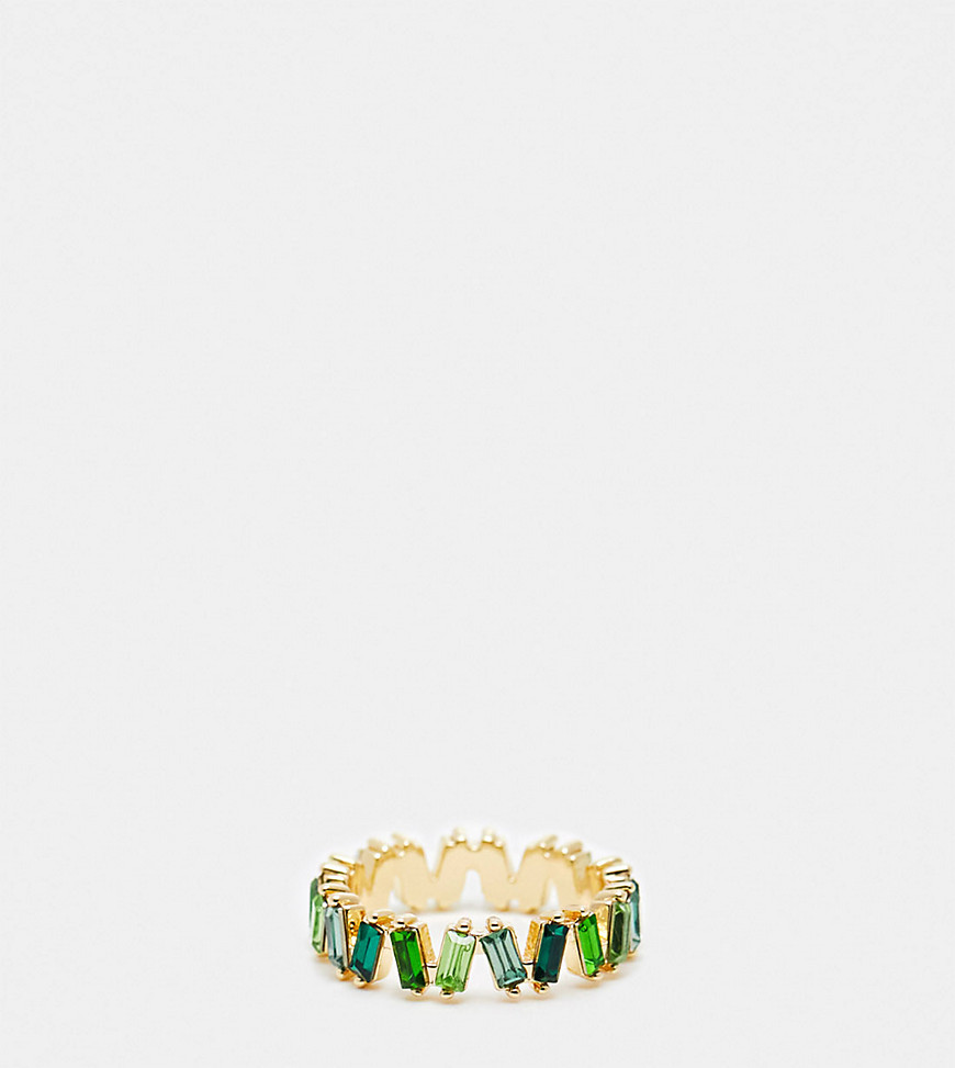 Asos Design Baguette Ring With Tonal Green Stones In Gold Tone