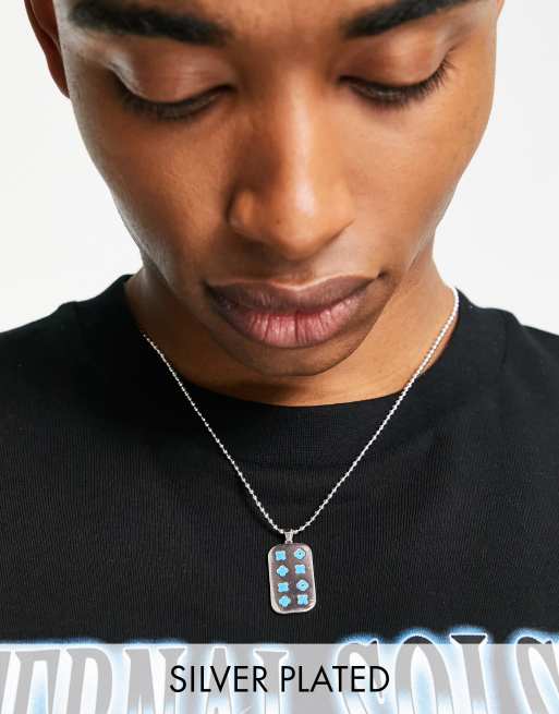 ASOS DESIGN ball chain necklace with dogtag and blue monogram print pendant in real silver plate