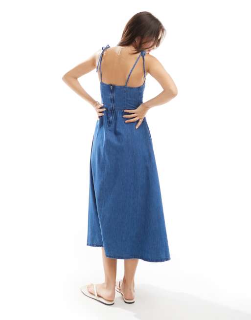 ASOS DESIGN - Ballerina-midikjole i blød denim i mellemvasket blå, 2 af 4