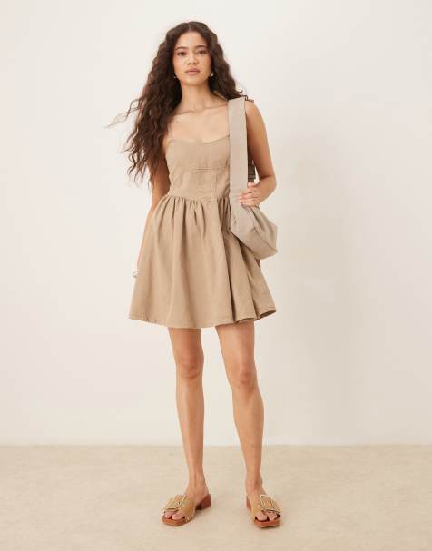 ASOS DESIGN - Ballerina mini-jurk van zacht denim in naturel - view 1